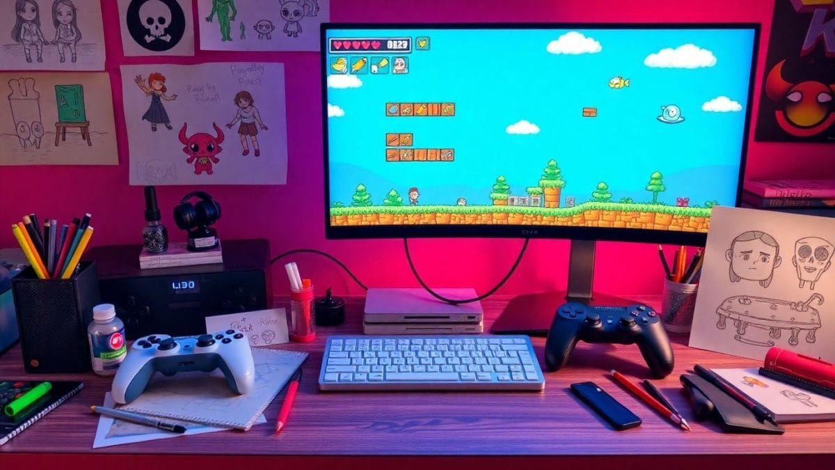 Pixel art game on computer with controllers and sketches.