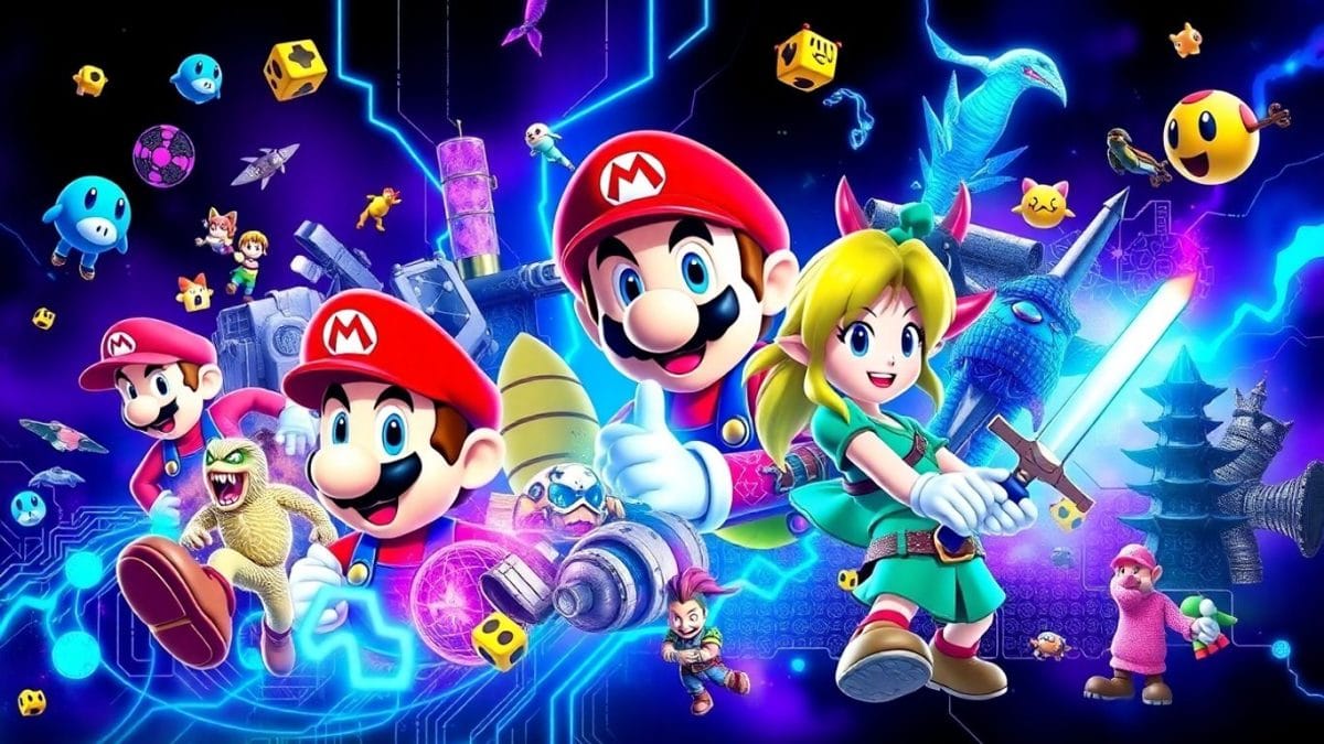 Nintendo characters and futuristic game graphics
