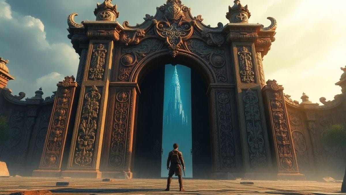 Adventurer facing a grand, glowing gate to a spire.