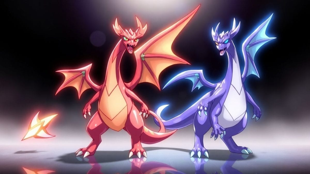 Crimson and violet dragon Pokémon with glowing accents.