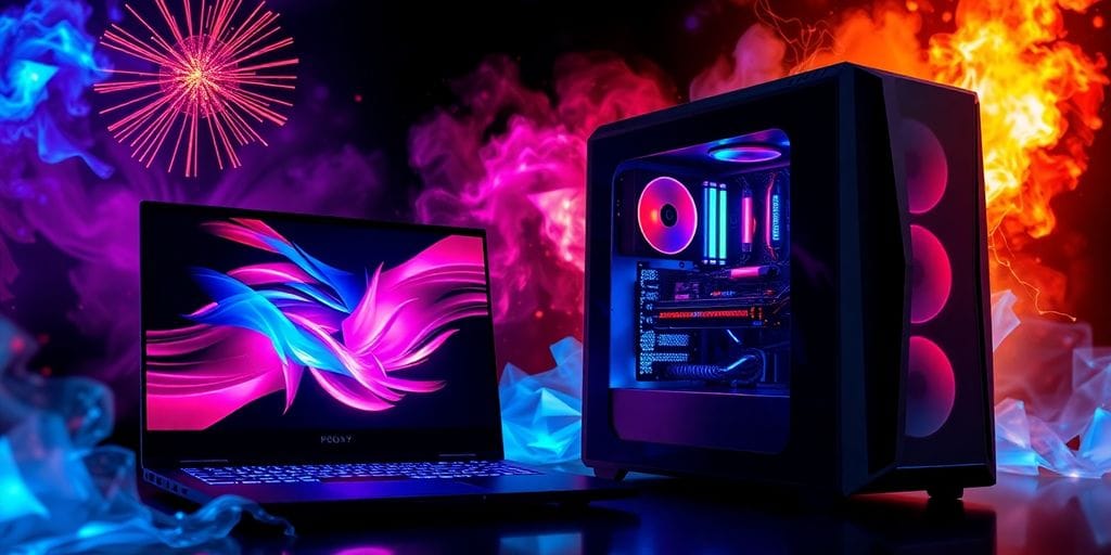 Gaming laptop and desktop PC with colorful RGB lighting.