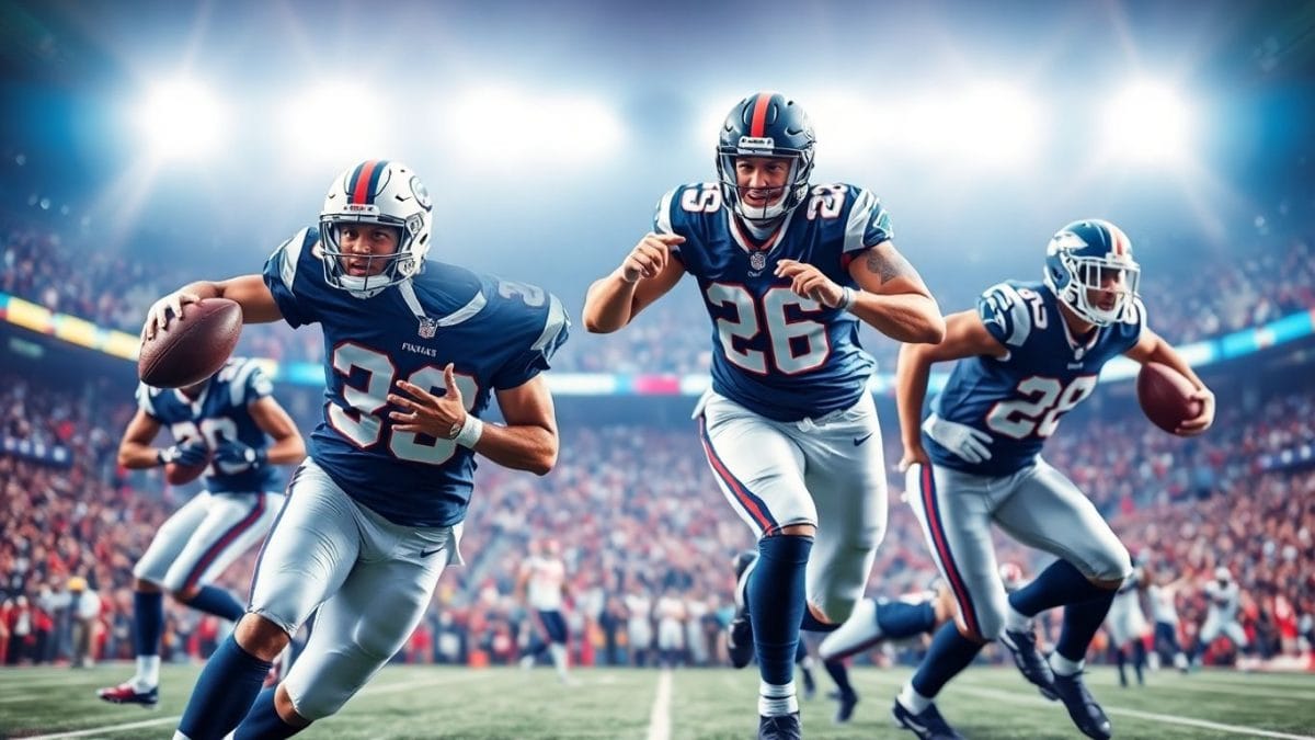 NFL players in action on a brightly lit football field.