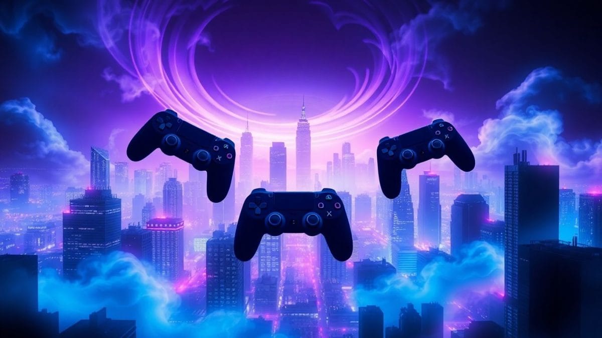 Futuristic cityscape with floating gaming controllers and digital clouds.