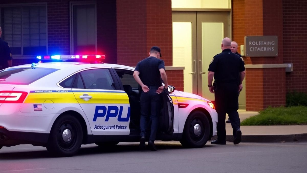 Police apprehending suspect outside building.