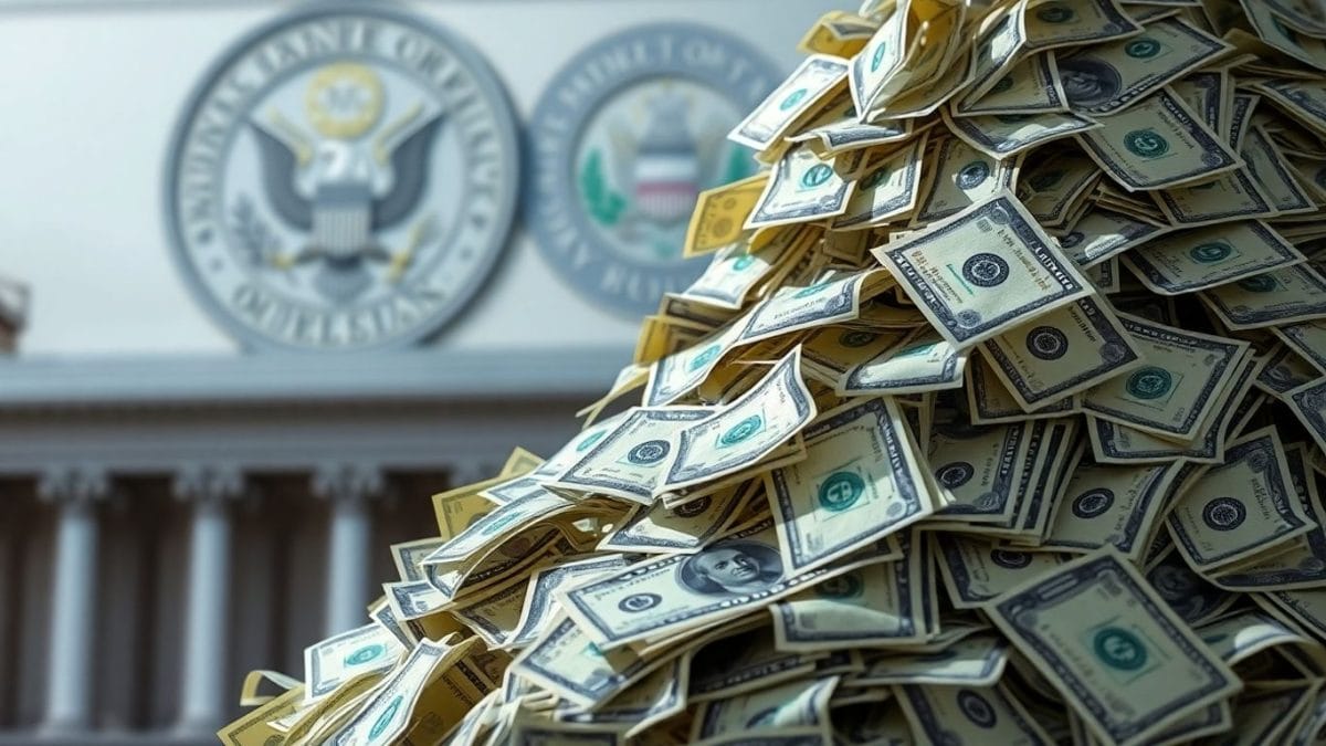 Money falling with a government building in the background.