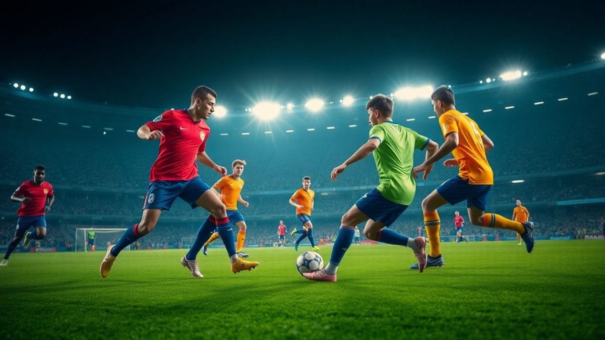 Football players in action on a brightly lit stadium pitch.