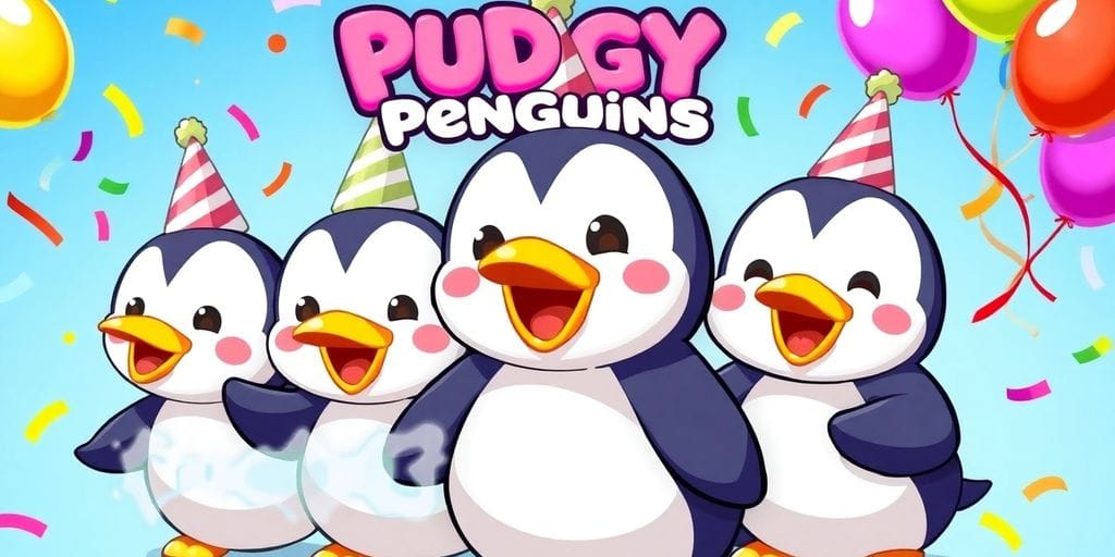 Pudgy Penguins characters in party hats with confetti and balloons.