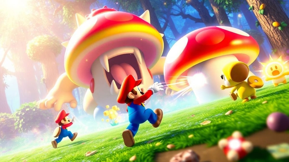 Mario and friends fighting a giant mushroom boss.