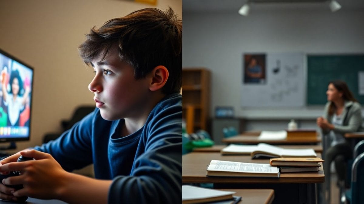 Teenager gaming versus classroom learning.