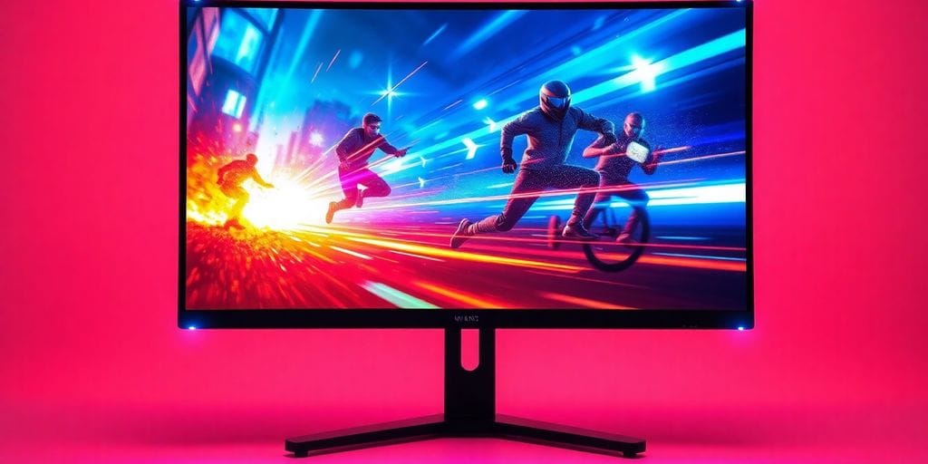 Futuristic gaming monitor with a vibrant, glowing screen.