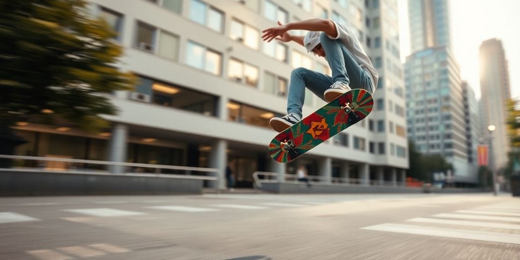 Skateboarder performing aerial trick, vibrant skateboard.