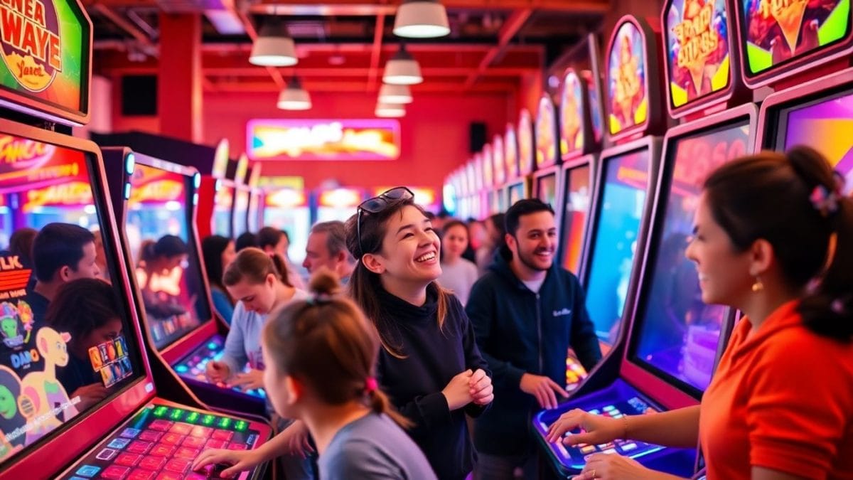 People enjoying bright, colorful arcade games in a lively entertainment venue.