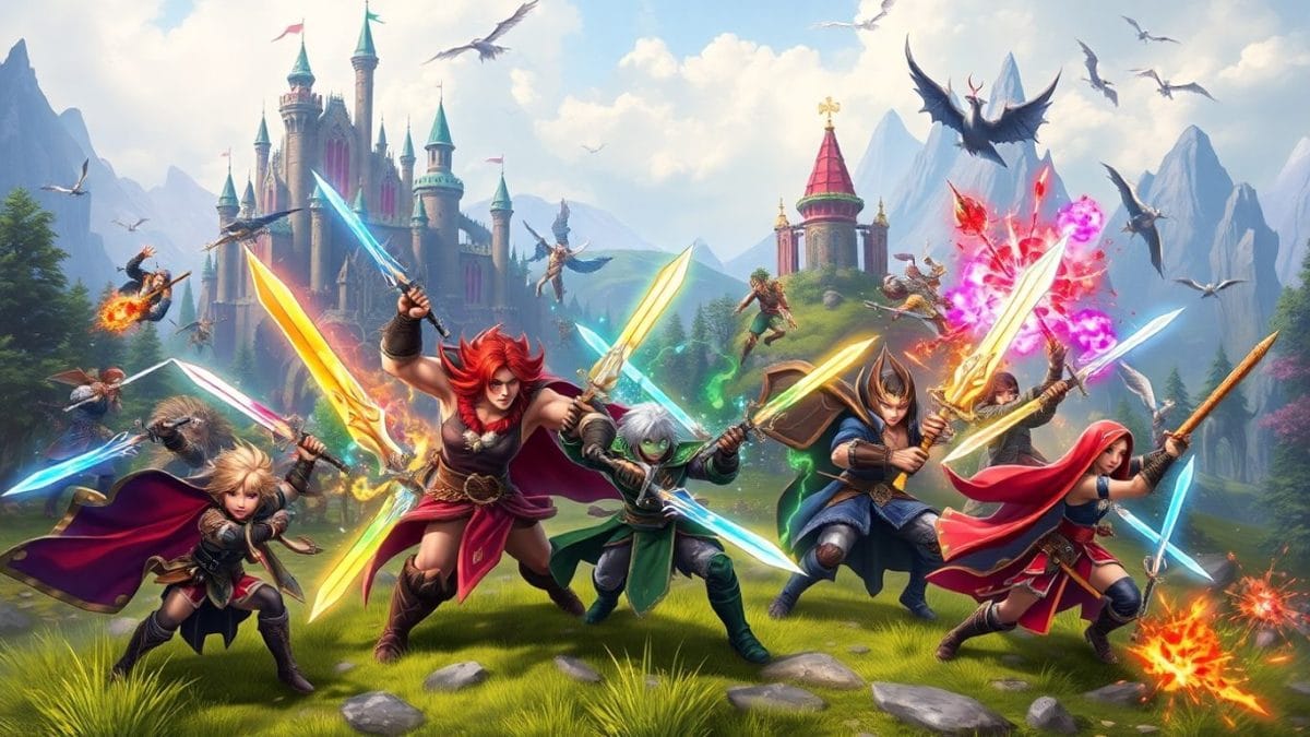 Fantasy characters in epic landscapes with magical effects.