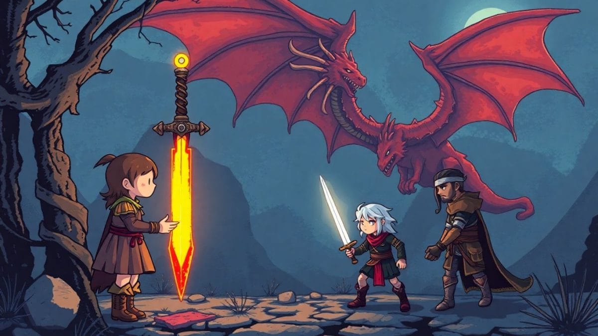 Pixelated fantasy characters with sword and dragon.
