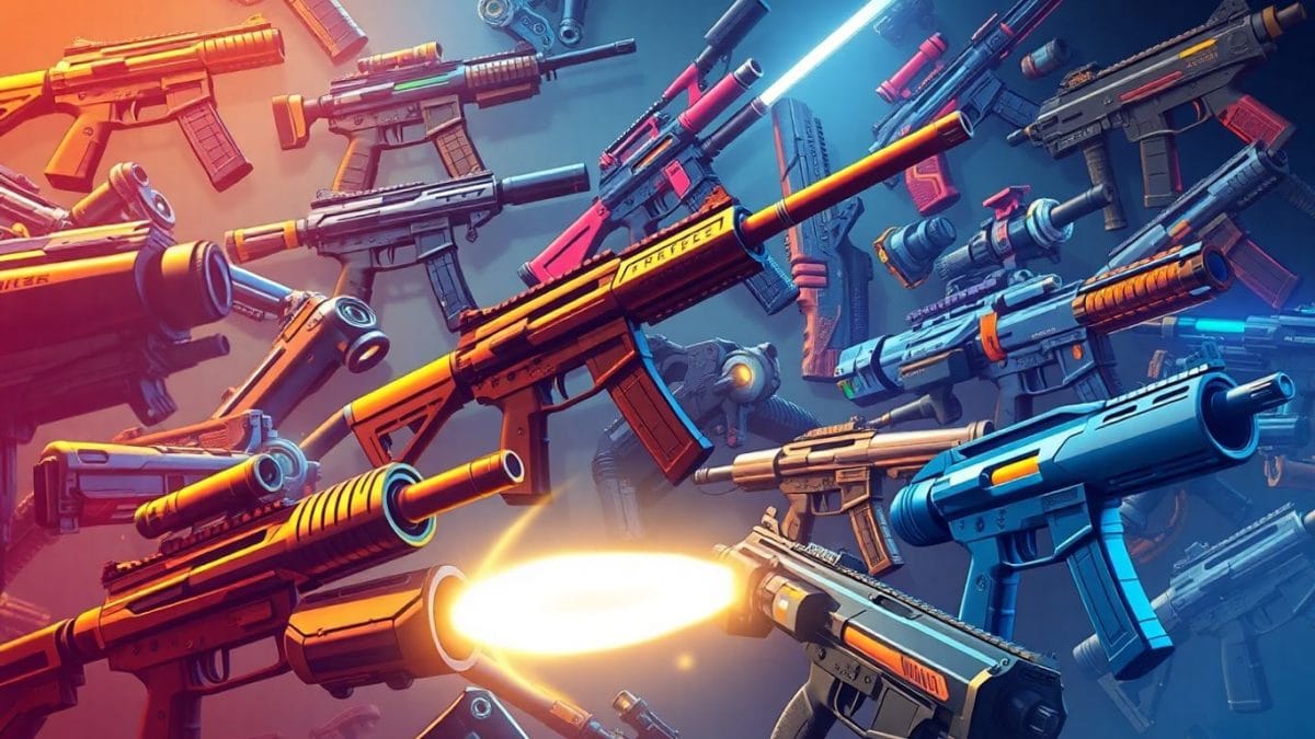 Collection of detailed RPG gun toys in a game-like setting.