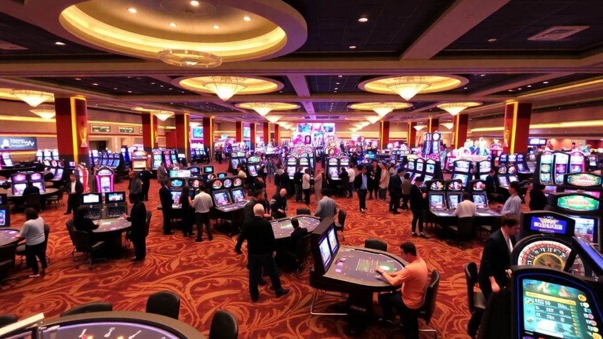Nevada casino floor with modern tables and diverse patrons.