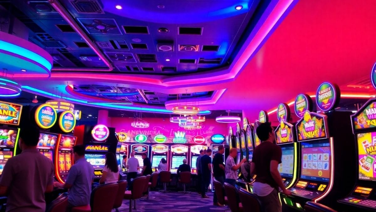 Gaming parlor interior with colorful lights and machines.