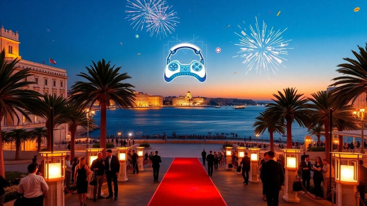 Red carpet at Maltese waterfront venue with gaming holograms overhead.