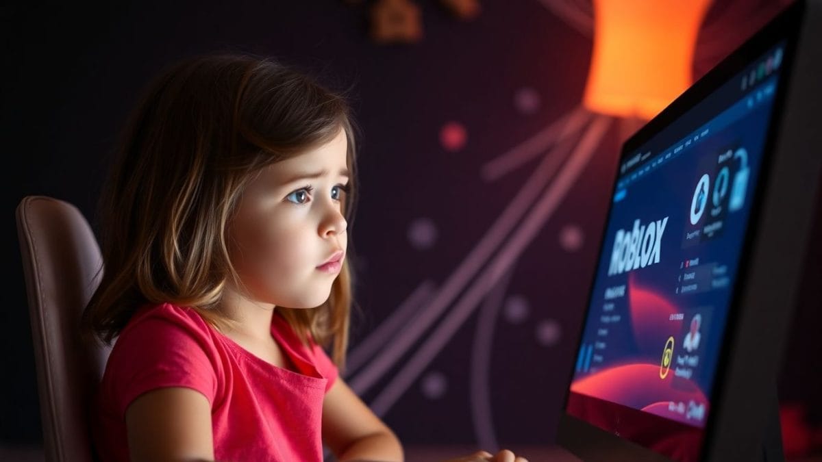 Girl looking at Roblox screen with concern.