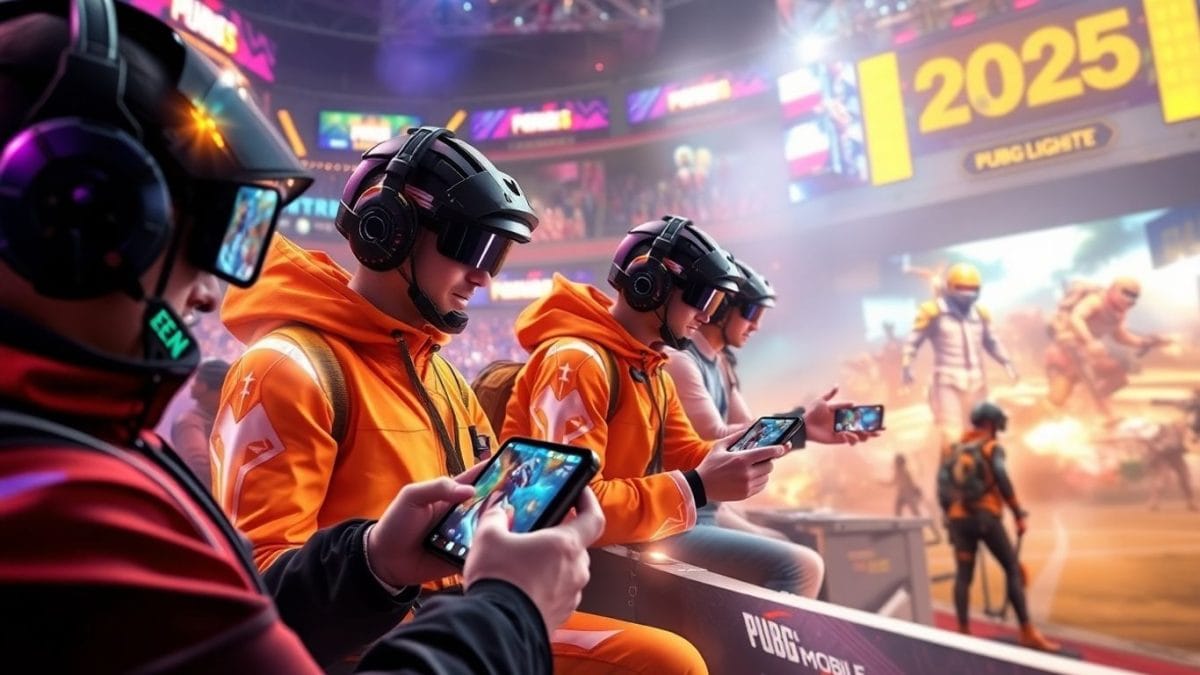 Professional gamers playing PUBG Mobile in a futuristic arena.