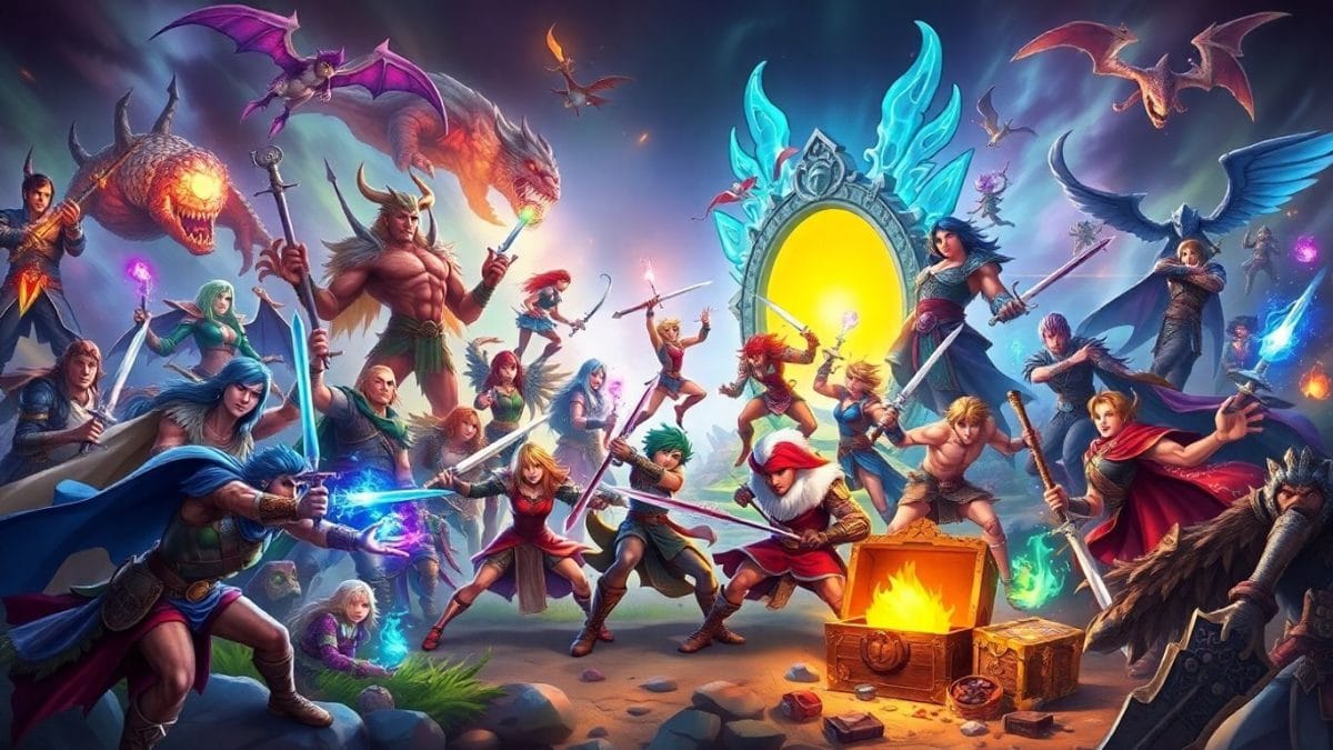 Fantasy heroes battling monsters in a magical RPG adventure.