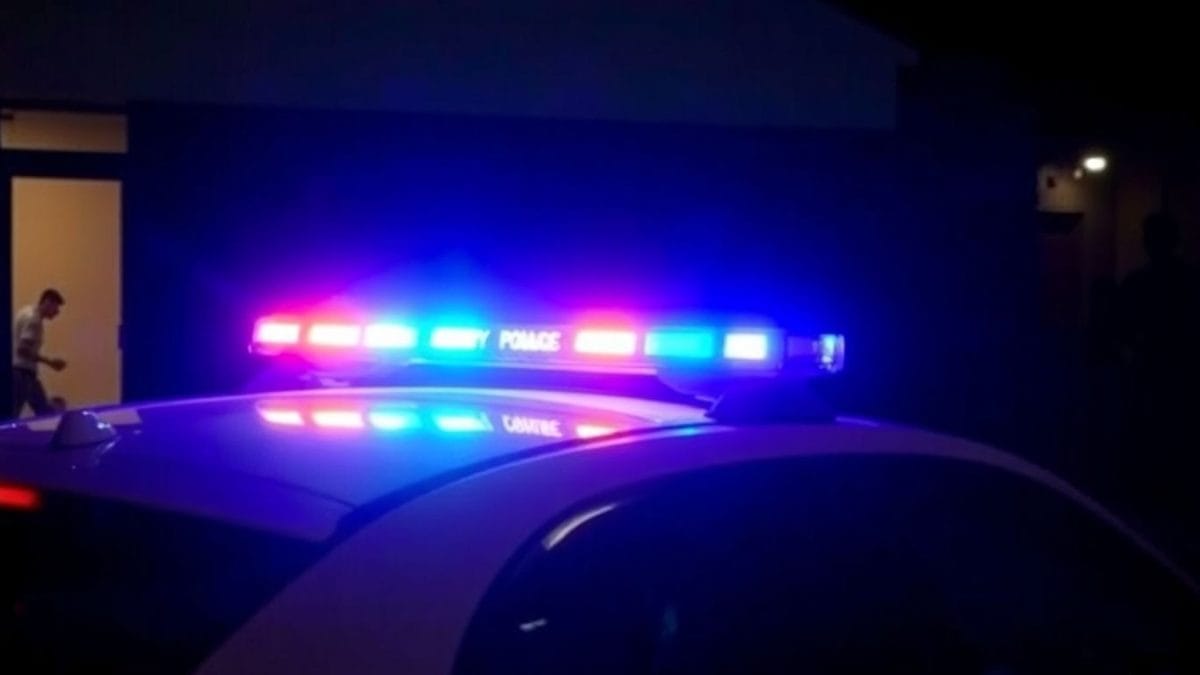 Police car lights flashing near building, suspect silhouette in distance.