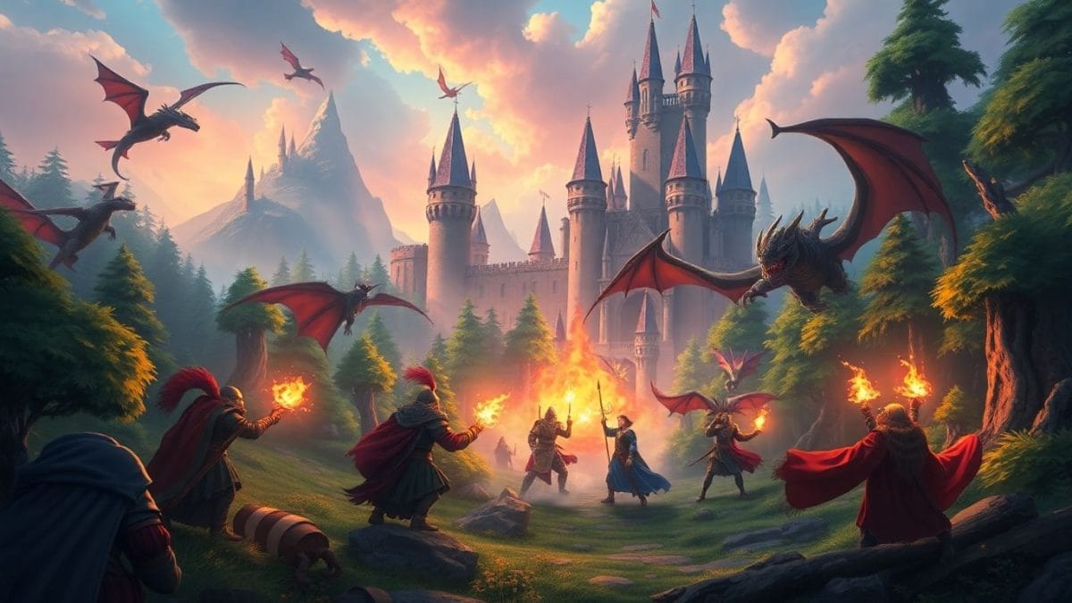 Fantasy RPG characters in a vibrant, magical battle scene.