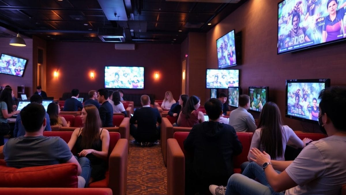 People enjoying video games in a modern gaming lounge.