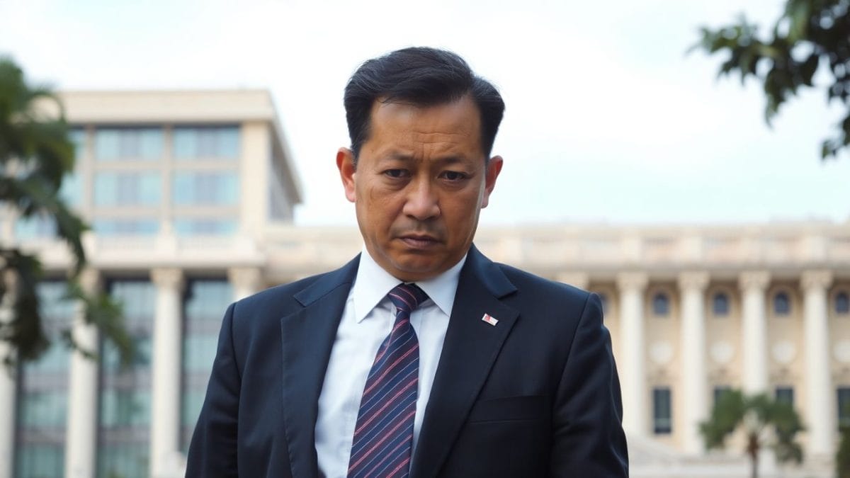 Thai Prime Minister looking serious, government buildings behind him.