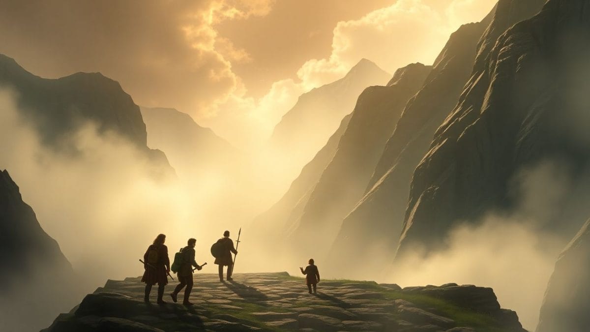 Fellowship adventuring through misty mountains in Lord of the Rings RPG.