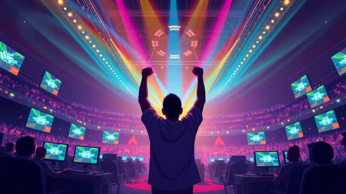 Esports manager game arena with triumphant gamer.