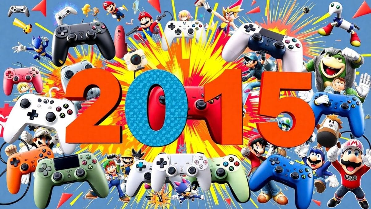 Collage of 2015 game controllers and characters.