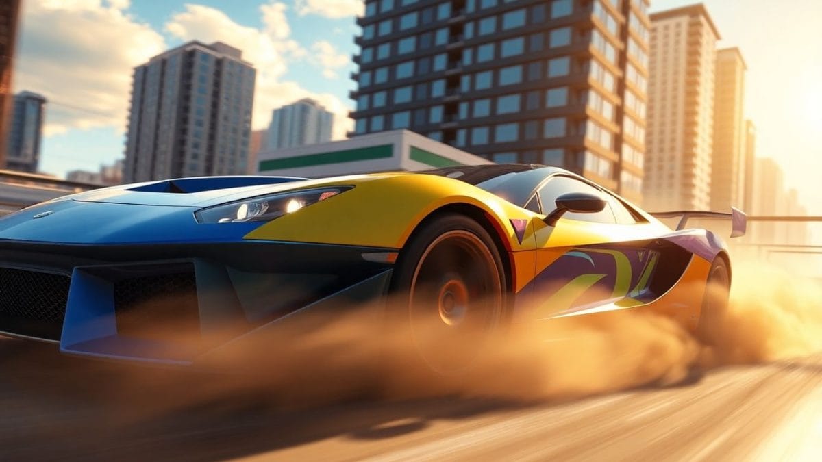 3D sports car racing through a city.