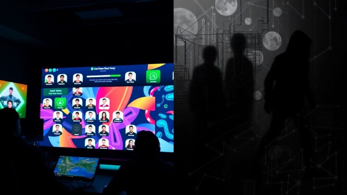 Discord interface transitioning from gaming to shadowy digital activity.