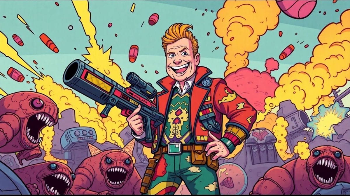 Conan O'Brien in Borderlands 4 with explosions and a weapon.
