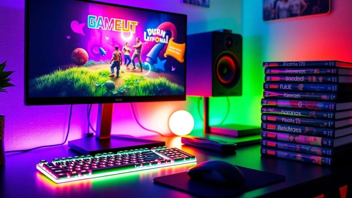 Gaming monitor, keyboard, mouse, and game cases on a desk.