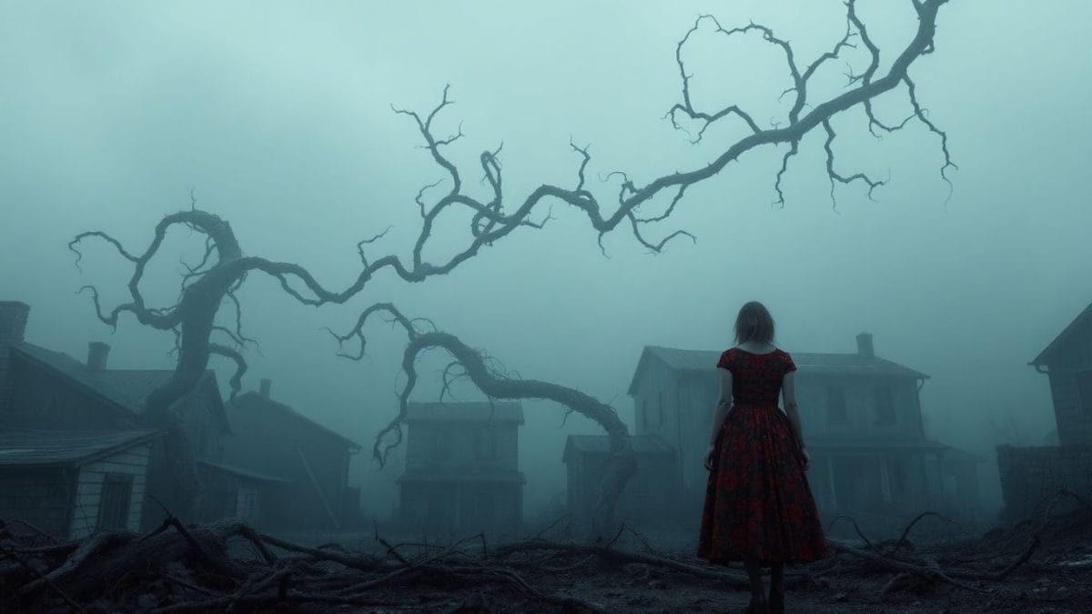 Silent Hill f protagonist in a floral dress in a foggy town.