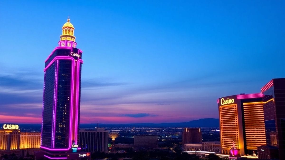 Detroit casino skyline at dusk with bright lights.