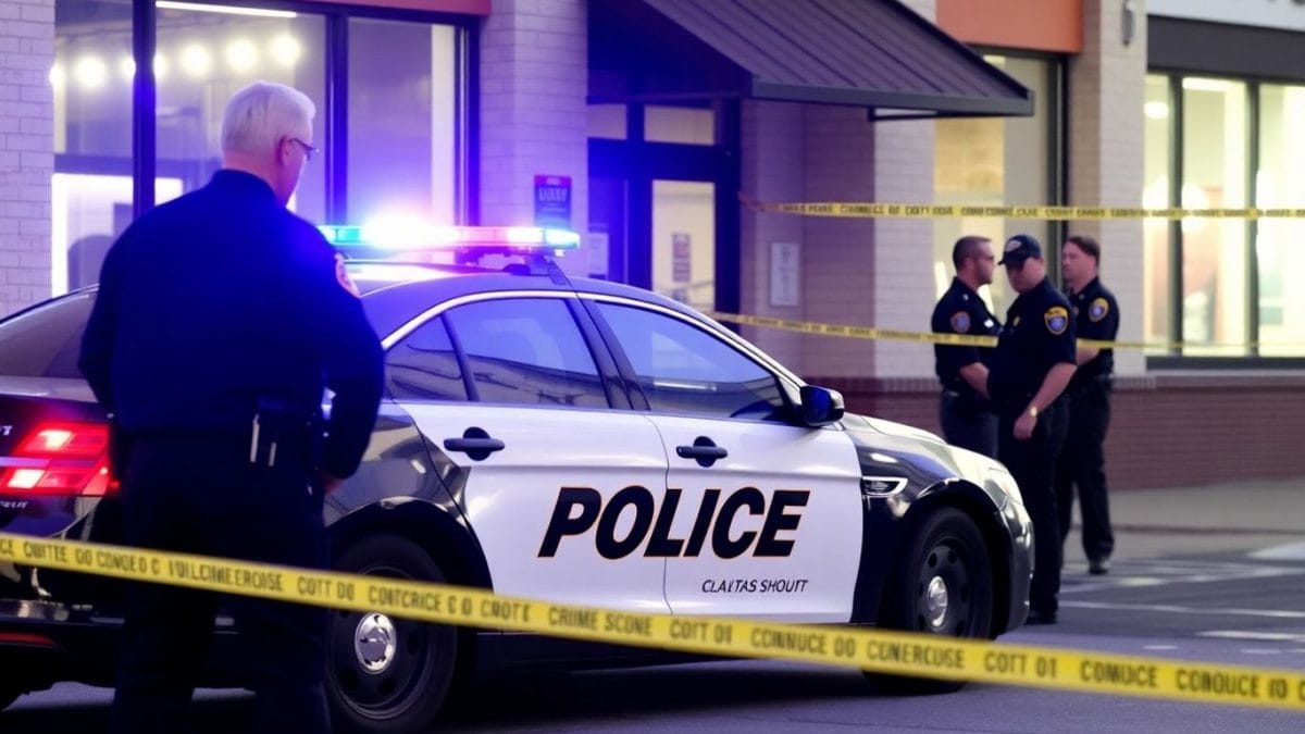 Police tape and car outside a business.