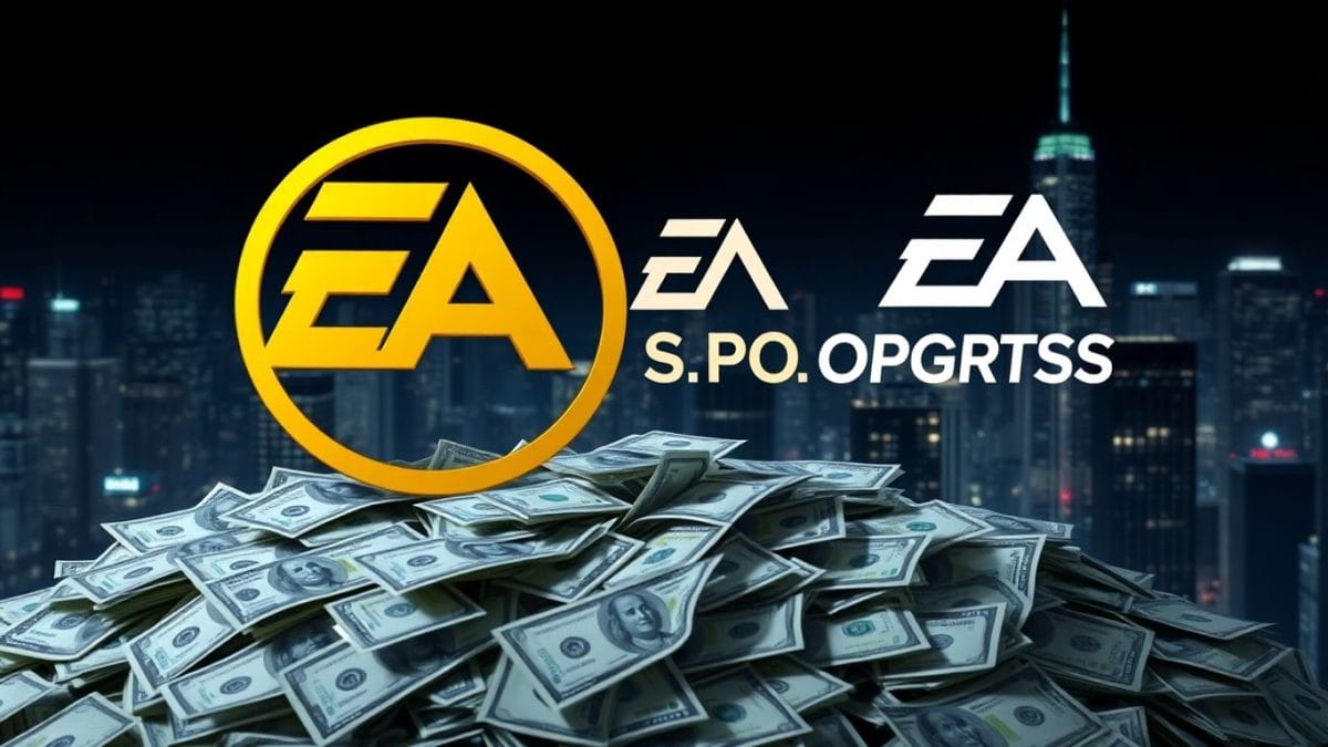 Electronic Arts logo with money and cityscape.