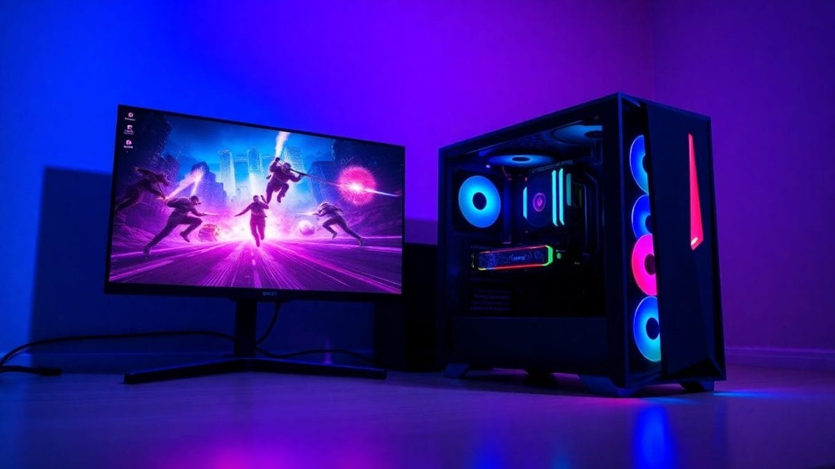 Gaming PC and monitor with vibrant display.