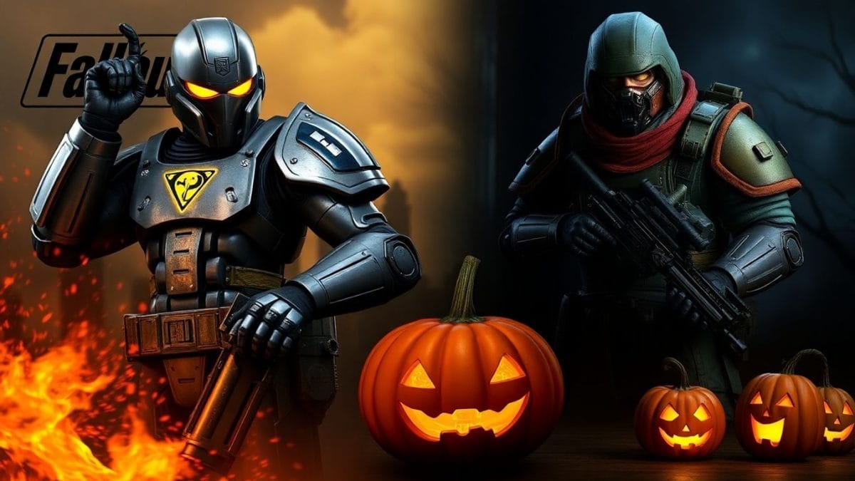 Fallout armor, XCOM soldier, and Halloween decorations together