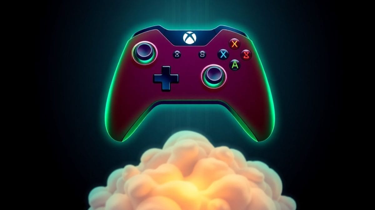 Xbox controller with glowing aura above clouds.
