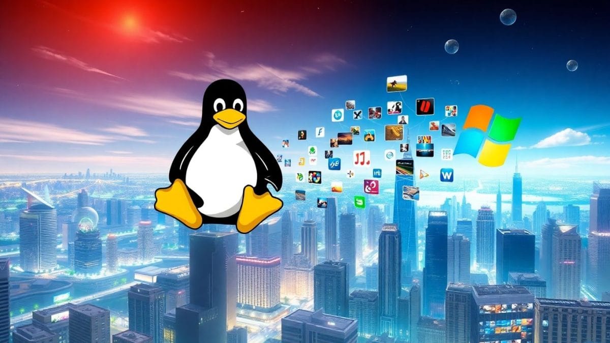 Linux penguin mascot soaring over fading Windows logo with game icons.