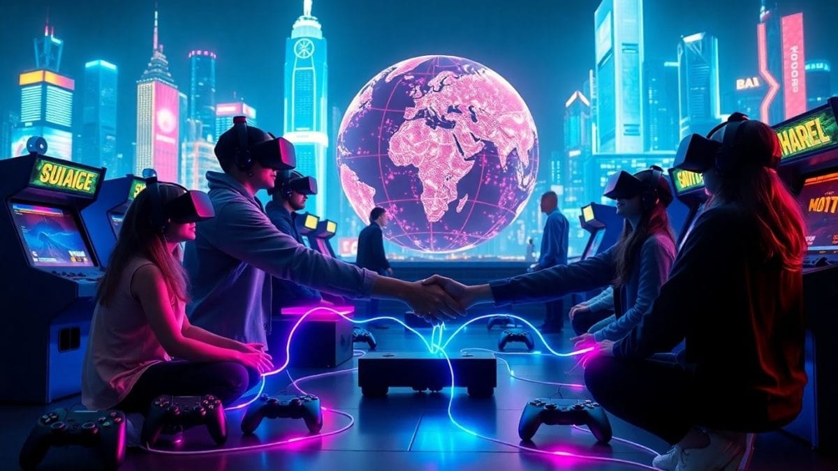 Gamers with VR headsets shaking hands in neon city