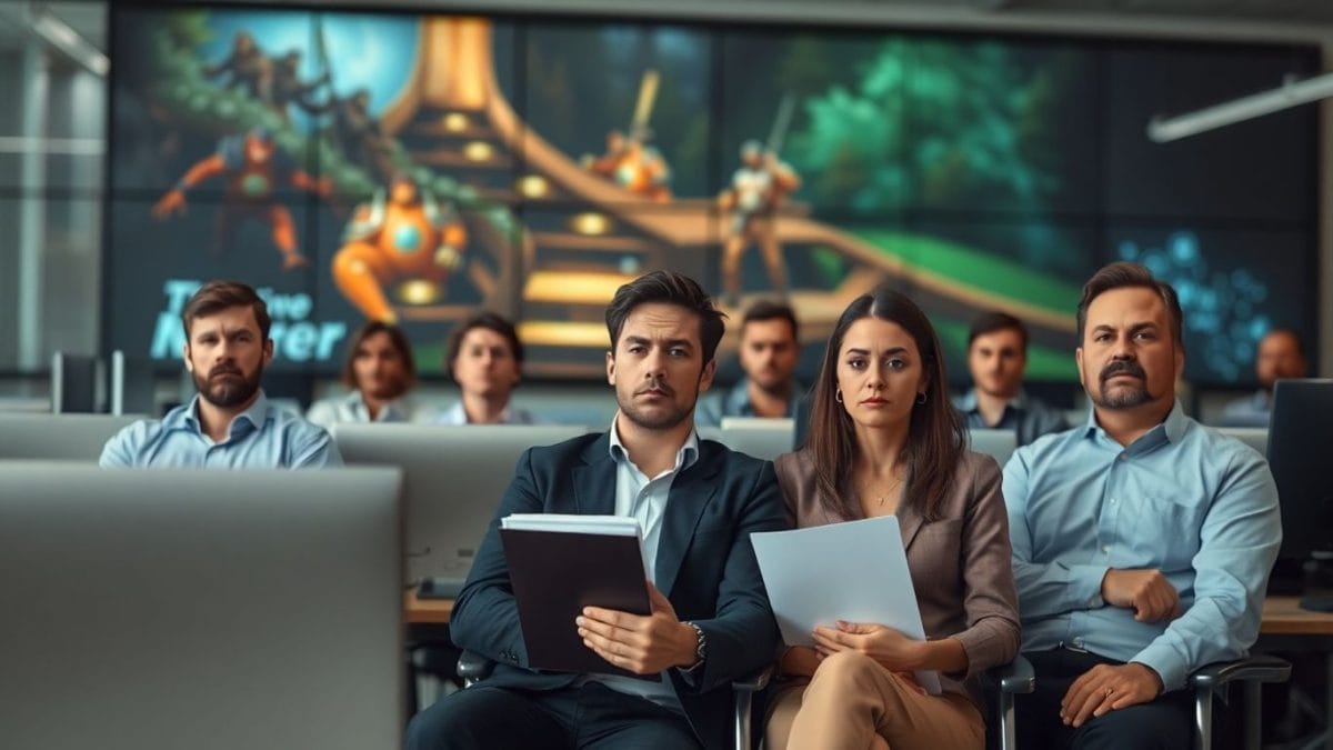 Worried gaming industry employees in modern office space