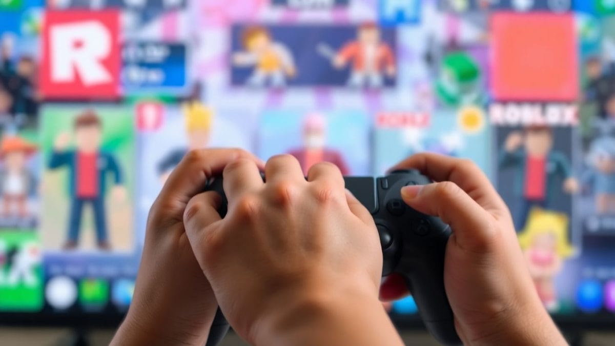 Child playing Roblox, game avatars in background.