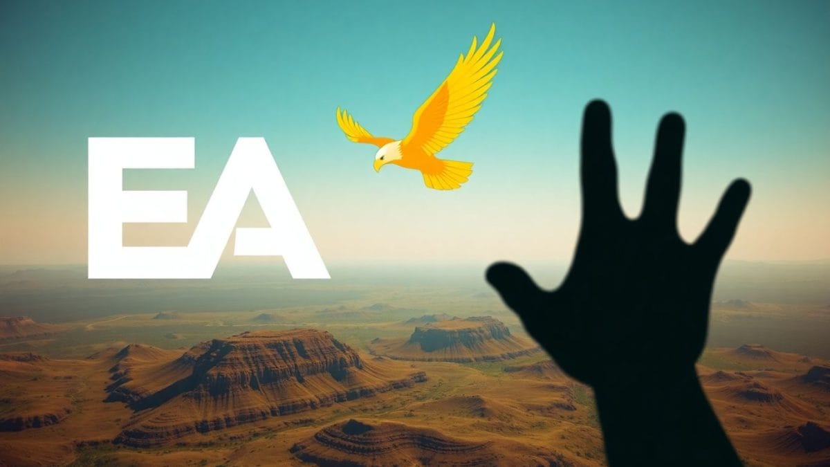 EA logo eagle soaring over digital landscape