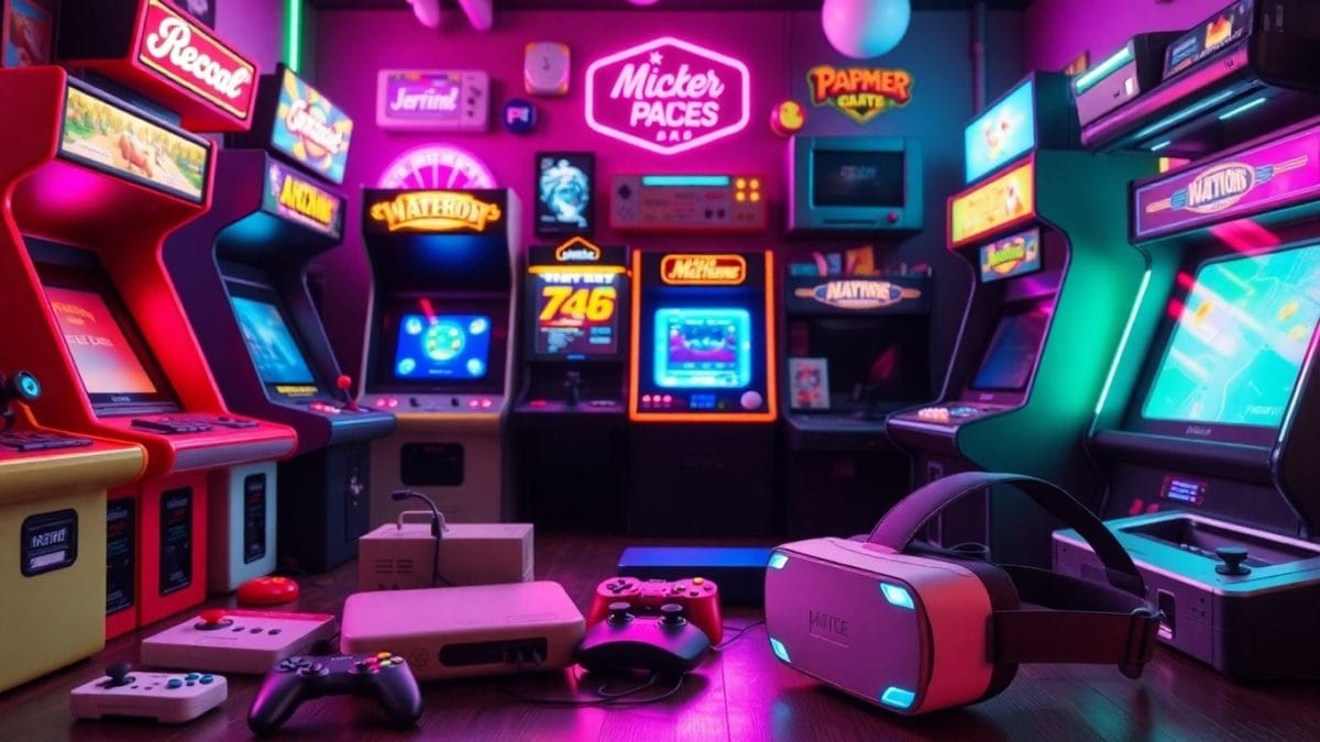 Retro gaming expo with classic and modern tech.