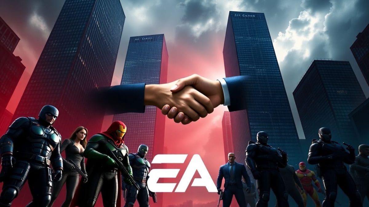 Video game characters, skyscrapers, stormy sky, business handshake